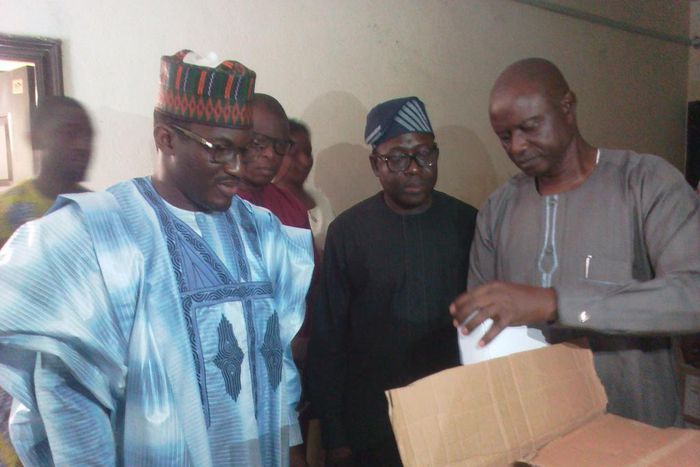 From Left, Sen. Suleiman Nazif, Chairman, Senate Committee on INEC; Prince Adelani Asade, Administrative Secretary, INEC, Lagos and Mr Oladosu Balogun, Head of Electoral Operations, INEC Lagos during the Senate Committee Oversight visit to the INEC hea...