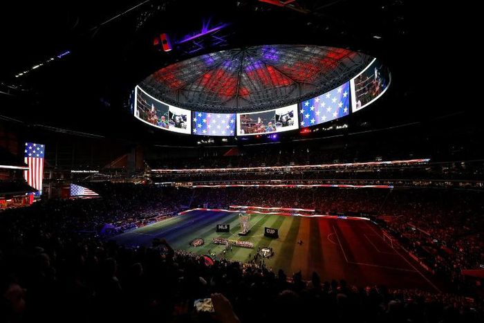 A general view of Mercedes-Benz Stadium during the National Anthem of the 2018 MLS Cup between Atlanta United and the Portland Timbers on December 8, 2018 in Atlanta, Georgia