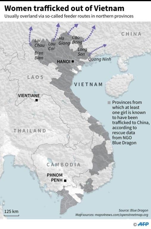 Map highlighting the provinces in Vietnam where girls were known to have been trafficked to China, according to rescue data from NGO Blue Dragon.