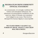 Nigeria Film Crew Community Speaks Out Against Bullying and Abuse on Set