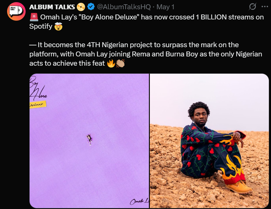 Omah Lay joins Burna Boy & Rema in making Afrobeats history on Spotify