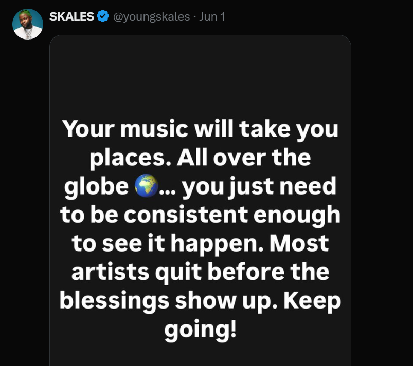 Skales says most artists quit before the blessings show up