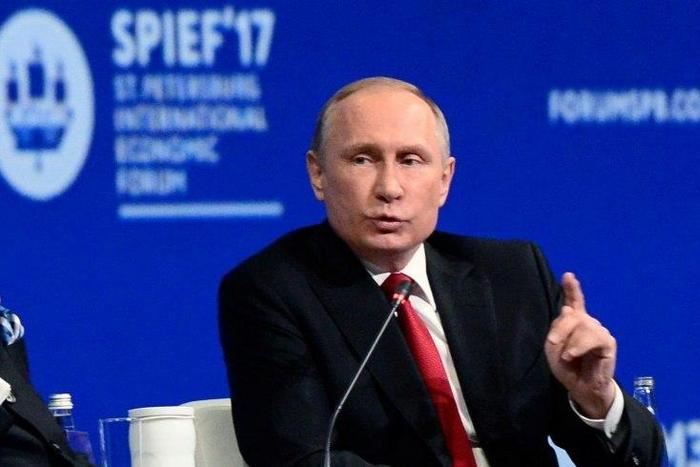 Russian President Vladimir Putin gives a speech at the St. Petersburg International Economic Forum on June 2, 2017