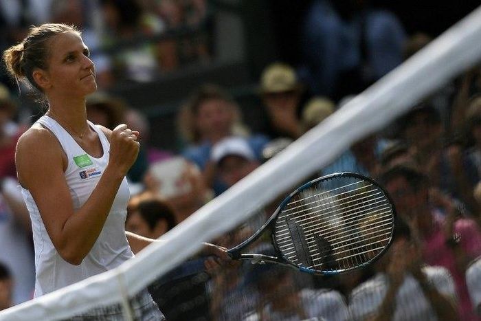 Czech Republic's Karolina Pliskova reacts after winning against Russia's Evgeniya Rodina during their women's singles first round match on the second day of the 2017 Wimbledon Championships in London, on July 4, 2017