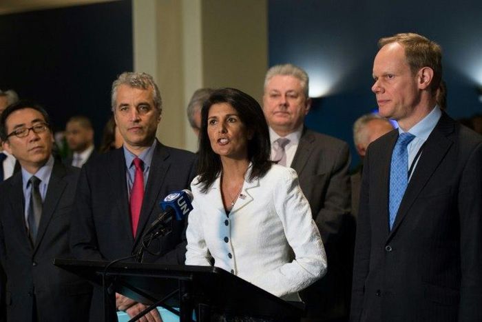 US Permanent Representative to the United Nations, Nikki Haley, speaks outside the United Nations General Assembly on March 27, 2017 in New York