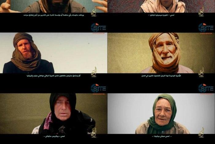 Images from the video showing (from top left) Romanian Iulian Ghergut, Colombian nun Gloria Cecilia Narvaez Argoti, South African Stephen McGown, Australian surgeon Arthur Kenneth Elliott, Swiss missionary Beatrice Stockly and Frenchwoman Sophie Petron...