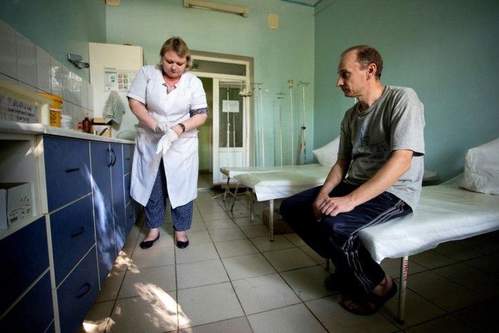 A patient waits in a hospital treating drug users in the rebel capital of Donetsk, Ukraine