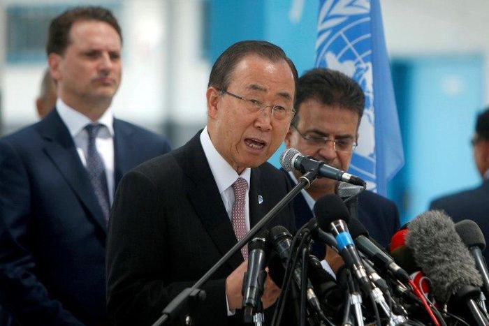 U.N. Secretary-General Ban Ki-moon speaks during a news conference at a United Nations-run school in Gaza City June 28, 2016.