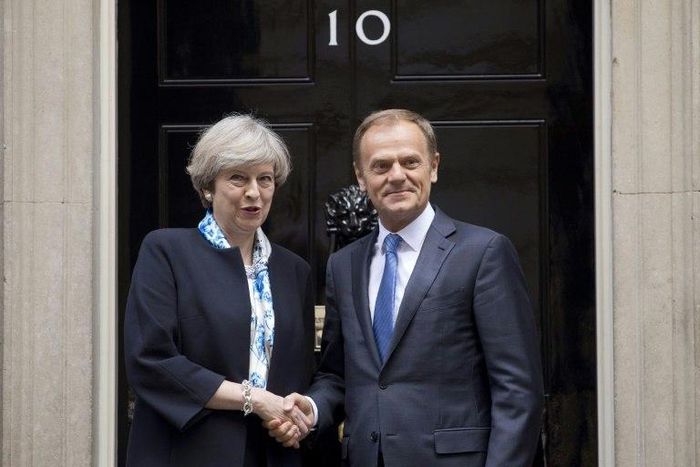 British Prime Minister Theresa May and EU President Donald Tusk meet to discuss Brexit negotiating guidelines