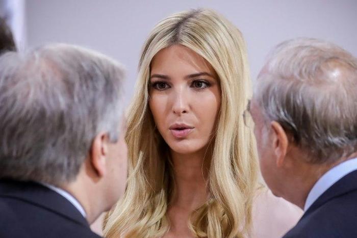 The daughter of the US President Ivanka Trump talks to Secretary-General of the UN Antonio Guterres (left) and the Secetary of the Economic Cooperation Organization (ECO) Jose Angel Gurria at the G20 Summit in Hamburg on July 8, 2017