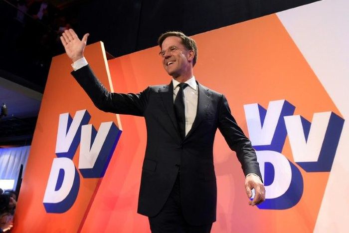Netherlands' prime minister and VVD party leader Mark Rutte celebrates after winning the general elections