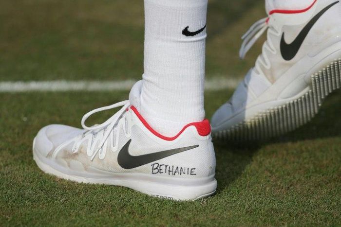 US player Jack Sock wrote the name of his mixed doubles partner Bethanie Mattek-Sands, with whom he won gold at the Rio de Janeiro 2016 Olympics, as tribute to her after a crippling knee injury at Wimbledon prevented her from playing further