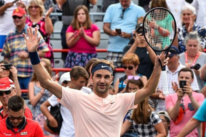 Roger Federer of Switzerland celebrates his victory over David Ferrer of Spain during day seven of the Rogers Cup presented by National Bank at Uniprix Stadium on August 10, 2017 in Montreal, Quebec, Canada