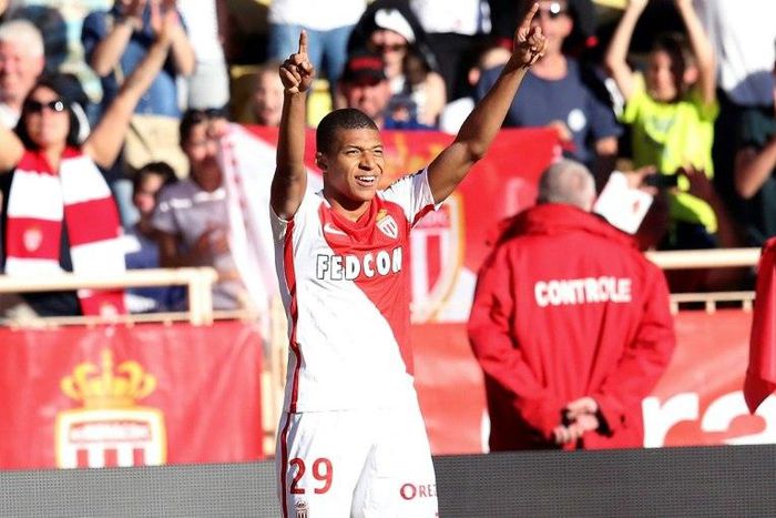 Monaco's forward Kylian Mbappe Lottin celebrates after scoring a goal on April 29, 2017