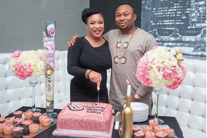 Tonto Dikeh and Churchill Olakunle Oladunni at her surprise birthday party