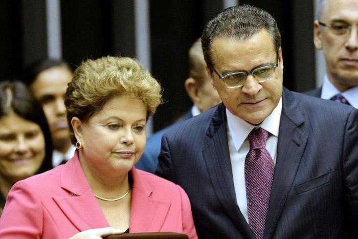 Brazilian former tourism minister Henrique Eduardo Alves (R) is seen with former President Dilma Rousseff in 2013