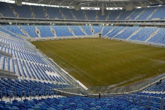 A general view shows the pitch at the new football stadium at Krestovsky island, also known as the Zenit Arena in Saint Petersburg on February 27, 2017