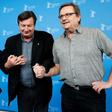 (L-R) Sherwan Haji, Aki Kaurismaki, Sakari Kuosmanen at a photocall for "The Other Side of Hope" which won lavish applause from audiences at the Berlinale film festival