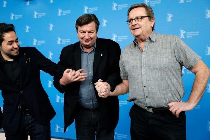 (L-R) Sherwan Haji, Aki Kaurismaki, Sakari Kuosmanen at a photocall for "The Other Side of Hope" which won lavish applause from audiences at the Berlinale film festival