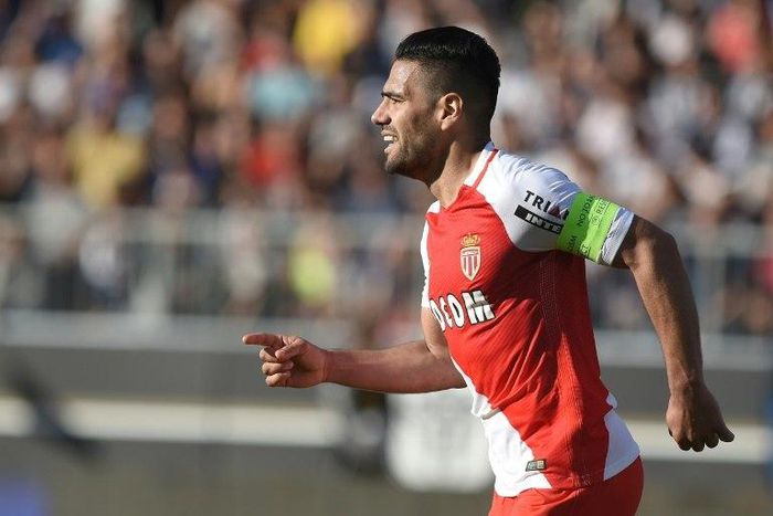 Monaco's Radamel Falcao celebrates after scoring a goal against Angers on April 8, 2017, at the Raymond Kopa Stadium in Angers, western France