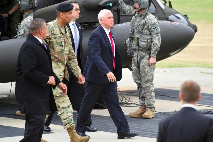 US Vice President Mike Pence (C) arrives at army base Camp Bonifas after a failed North Korean missile test, April 17, 2017
