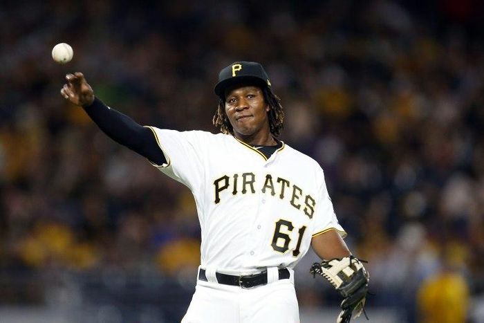 Gift Ngoepe of the Pittsburgh Pirates makes his major league debut in the fourth inning against the Chicago Cubs, at PNC Park in Pittsburgh, Pennsylvania, on April 26, 2017