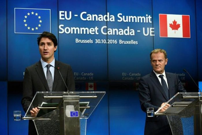 EU Council President Donald Tusk (R) and Canadian Prime Minister Trudeau during the EU-Canada Summit on the Comprehensive Economic and Trade Agreement (CETA)