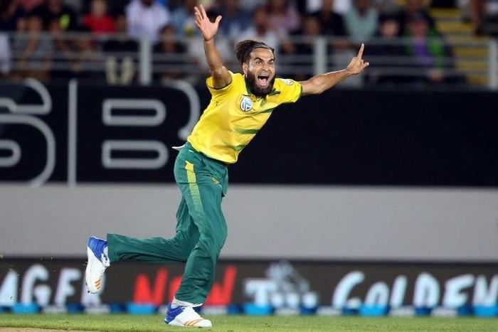 South Africa's Imran Tahir celebrates taking the wicket of New Zealand's Luke Ronchi during the Twenty20 international at Eden Park in Auckland on February 17, 2017