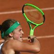 Latvia's Jelena Ostapenko returns the ball to Switzerland's Timea Bacsinszky during their French Open semi-final match, at the Roland Garros in Paris, on June 8, 2017