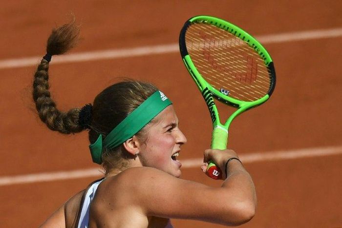 Latvia's Jelena Ostapenko returns the ball to Switzerland's Timea Bacsinszky during their French Open semi-final match, at the Roland Garros in Paris, on June 8, 2017