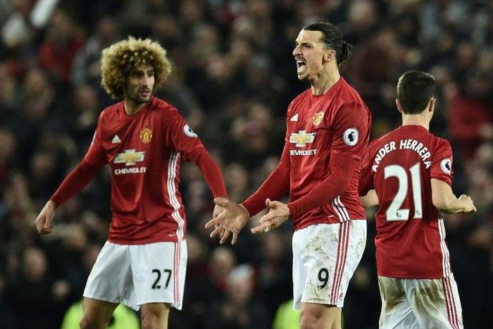 Manchester United's striker Zlatan Ibrahimovic (C) celebrates scoring against Liverpool on January 15, 2017