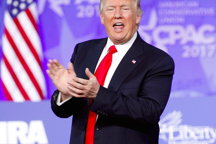 President Donald Trump after speaking at the Conservative Political Action Conference in Oxon Hill, Maryland, on Friday.