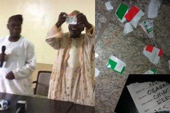 On his instruction, a PDP member in Abeokuta tears Obasanjo's PDP membership card.