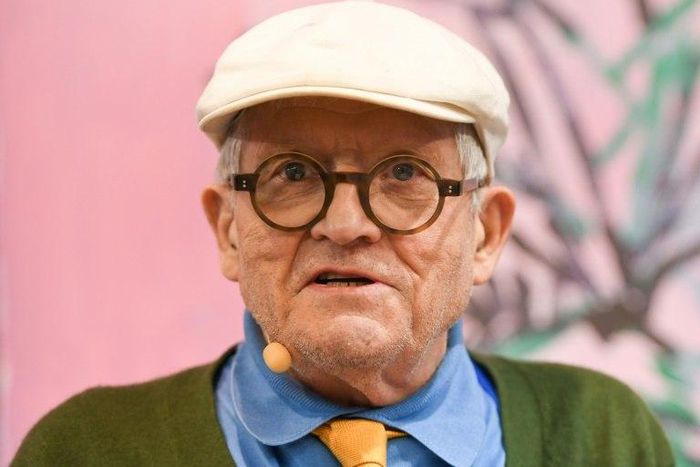 British artist David Hockney touched up the logo of Britain's best-selling The Sun by adding black shadowing to its lettering and a white sun, using a painting app on his iPad