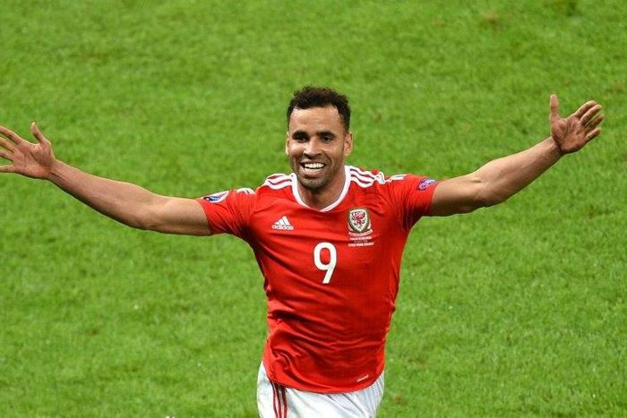 Hal Robson-Kanu, pictured in 2016, was shown a straight red card following an aerial challenge with Burnley defender Matt Lowton