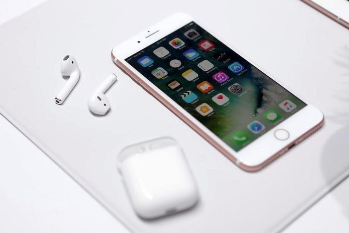 The Apple iPhone7 and AirPods are displayed during an Apple media event in San Francisco