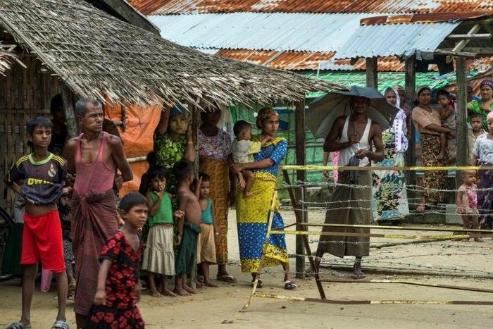 Muslim Rohingya gather at the Thet Kal Pyin displacement camp in Sittwe in 2016