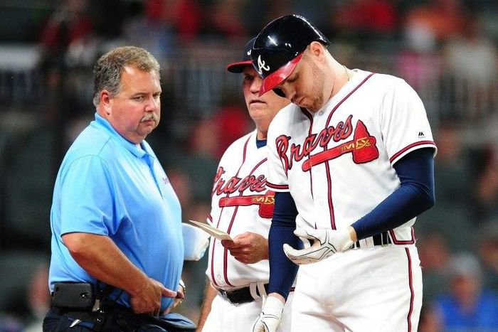 Freddie Freeman #5 of the Atlanta Braves sustained the second major wrist injury of his career after he was hit by a fastball from Toronto Blue Jays left-handed pitcher Aaron Loup on May 17, 2017