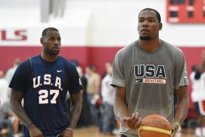 LeBron James (left) and Kevin Durant take part in a US basketball team practice session in August 2015