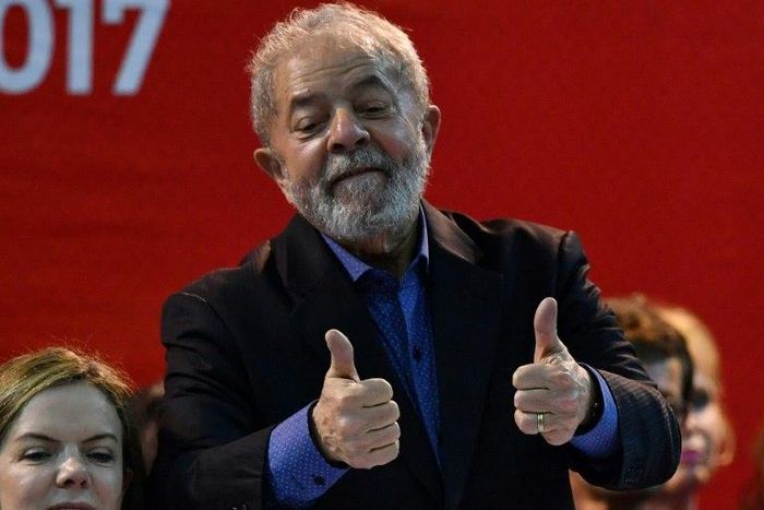 Former Brazilian president Luiz Inacio Lula Da Silva gives the thumbs-up during the Workers' Party Congress in Sao Paulo, Brazil on May 5, 2017