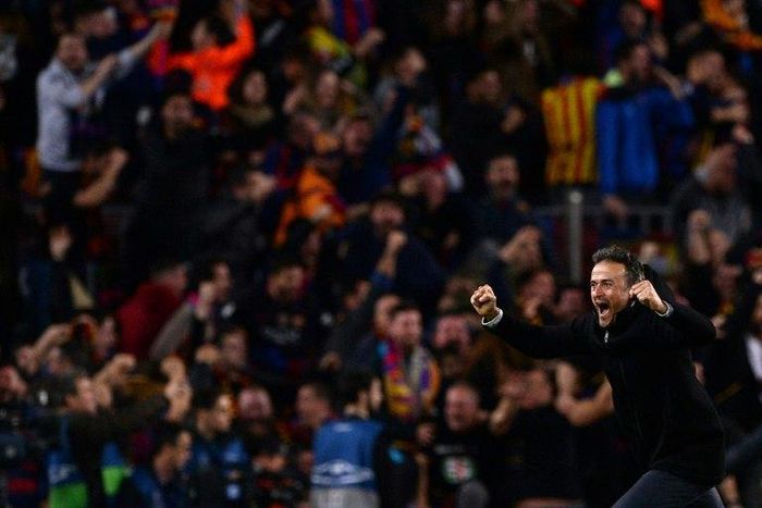 Barcelona coach Luis Enrique celebrates their 6-1 second leg victory over Paris Saint-Germain in their last 16 Champions League tie at the Nou Camp stadium on March 8, 2017