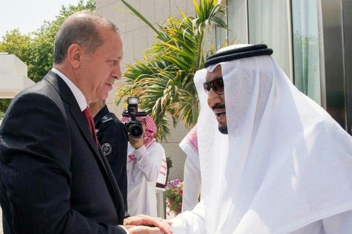 A handout picture provided by the Saudi Royal Palace on July 23, 2017 shows Turkish President Recep Tayyip Erdogan with Saudi Arabia's King Salman