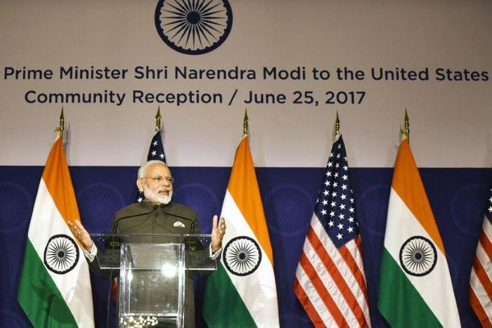 Indian Prime Minister Narendra Modi attends a reception to meet members of the Indian community in the United States, in Washington DC on June 25, 2017