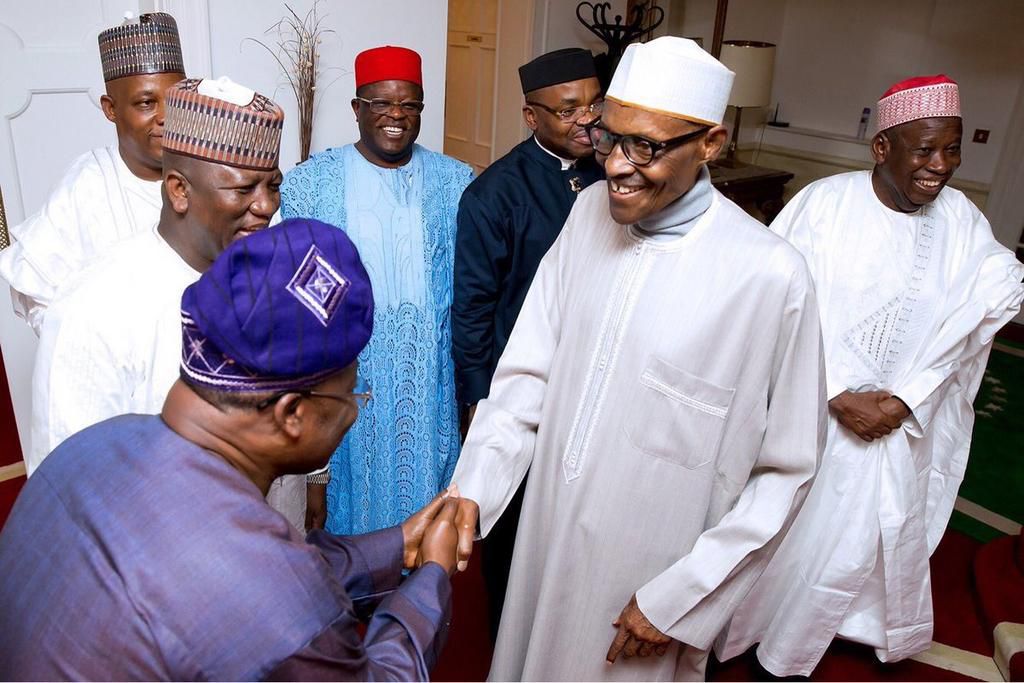President Muhammadu Buhari meets with a delegation of Nigerian governors in Abuja House, London