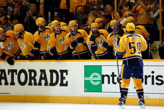 Roman Josi celebrates the third-quarter goal that gave the Nashville Predators a 2-1 victory over the Anaheim Ducks