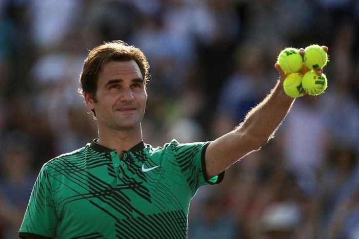 Roger Federer of Switzerland celebrates after defeating Tomas Berdych of Czech Republic in their Miami Open quarter-final match, at Crandon Park Tennis Center in Key Biscayne, on March 30, 2017