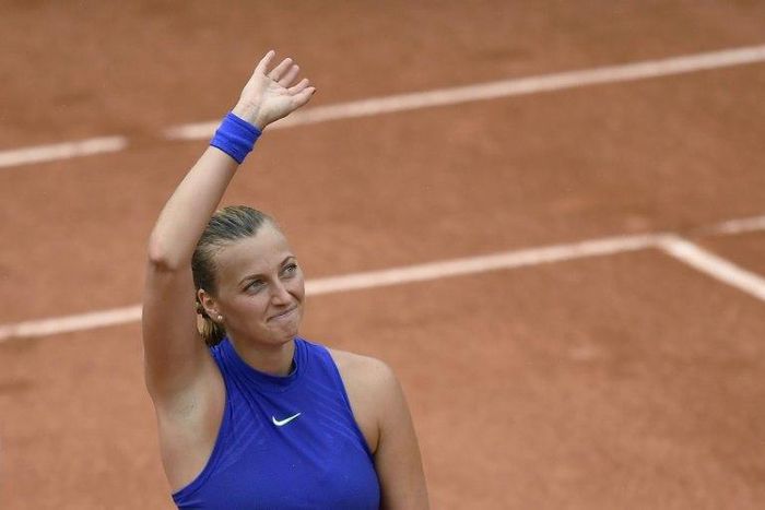 Petra Kvitova celebrates winning her first-round match against Julia Boserup at Roland Garros on May 28, 2017 in Paris