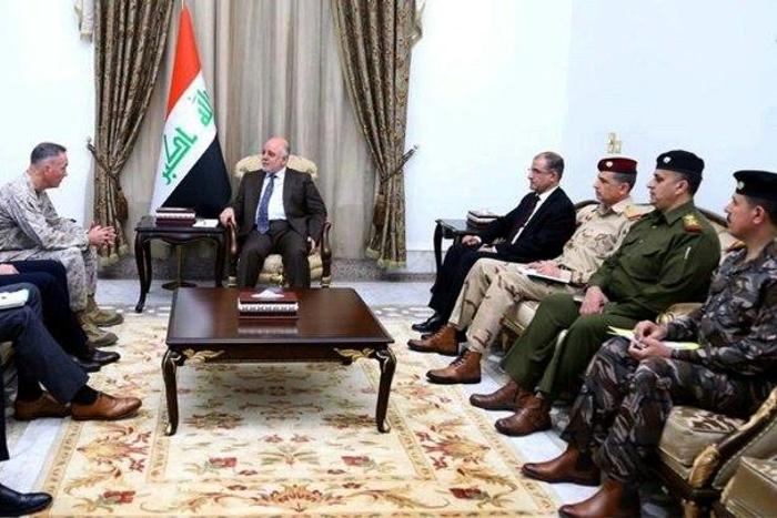 Iraqi Prime Minister Haider al-Abadi and members of his government meet with the US delegation on April 3, 2017