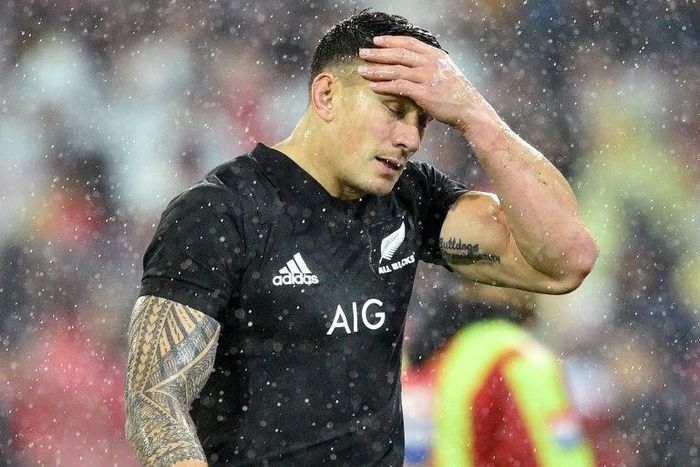 New Zealand All Blacks' Sonny Bill Williams reacts after being sent off for a dangerous tackle on British and Irish Lions' Anthony Watson during the second rugby union Test against the British and Irish Lions July 1, 2017