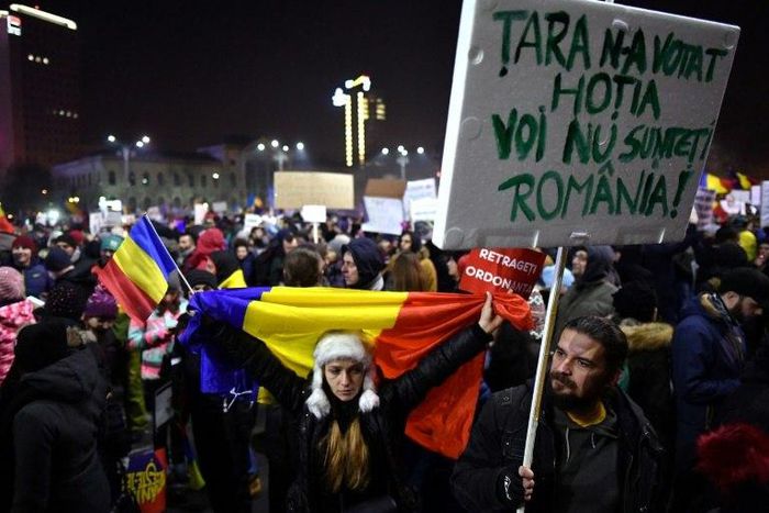 Demonstrators protest in front of the government headquarters in Bucharest, on February 3, 2017